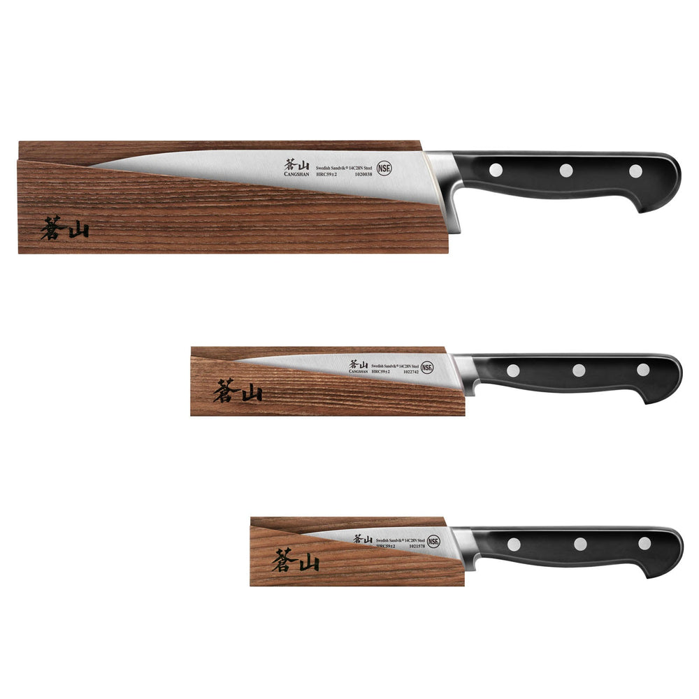 
                  
                    Load image into Gallery viewer, Cangshan TV2 Series 3-Piece Starter Knife Set with Wood Sheaths, Forged Swedish Steel
                  
                
