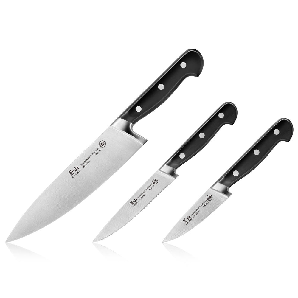 
                  
                    Load image into Gallery viewer, Cangshan TV2 Series 3-Piece Starter Knife Set with Wood Sheaths, Forged Swedish Steel
                  
                
