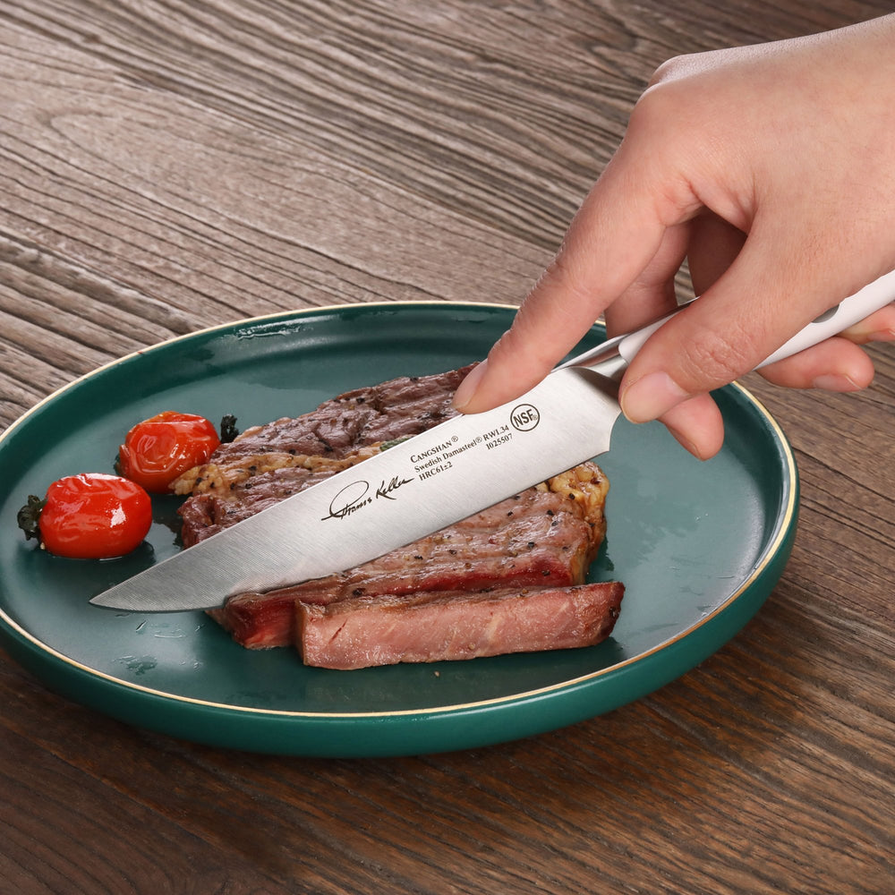 
                  
                    Load image into Gallery viewer, Cangshan Thomas Keller Signature Collection 4-Piece Steak Knife Set w/ Walnut Box, Forged Swedish Powder Steel
                  
                