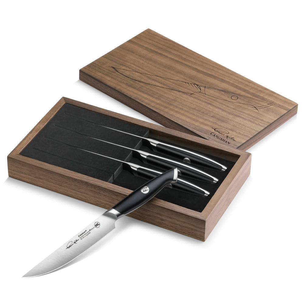 
                  
                    Load image into Gallery viewer, Cangshan Thomas Keller Signature Collection 4-Piece Steak Knife Set w/ Walnut Box, Forged Swedish Powder Steel
                  
                