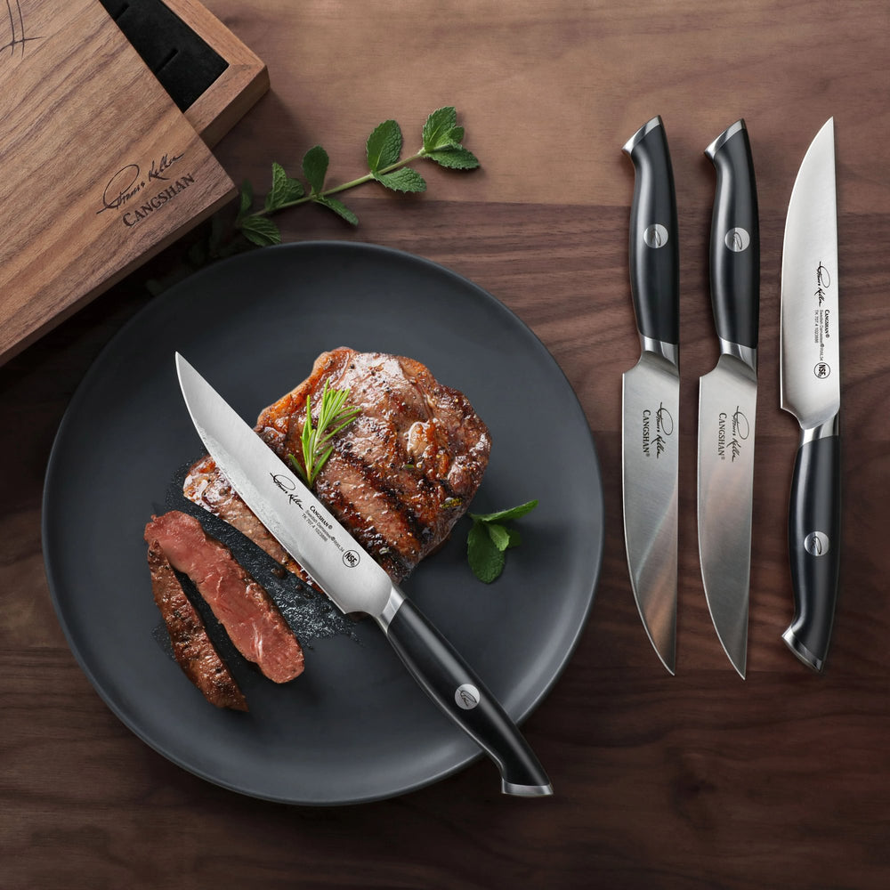 
                  
                    Load image into Gallery viewer, Cangshan Thomas Keller Signature Collection 4-Piece Steak Knife Set w/ Walnut Box, Forged Swedish Powder Steel
                  
                