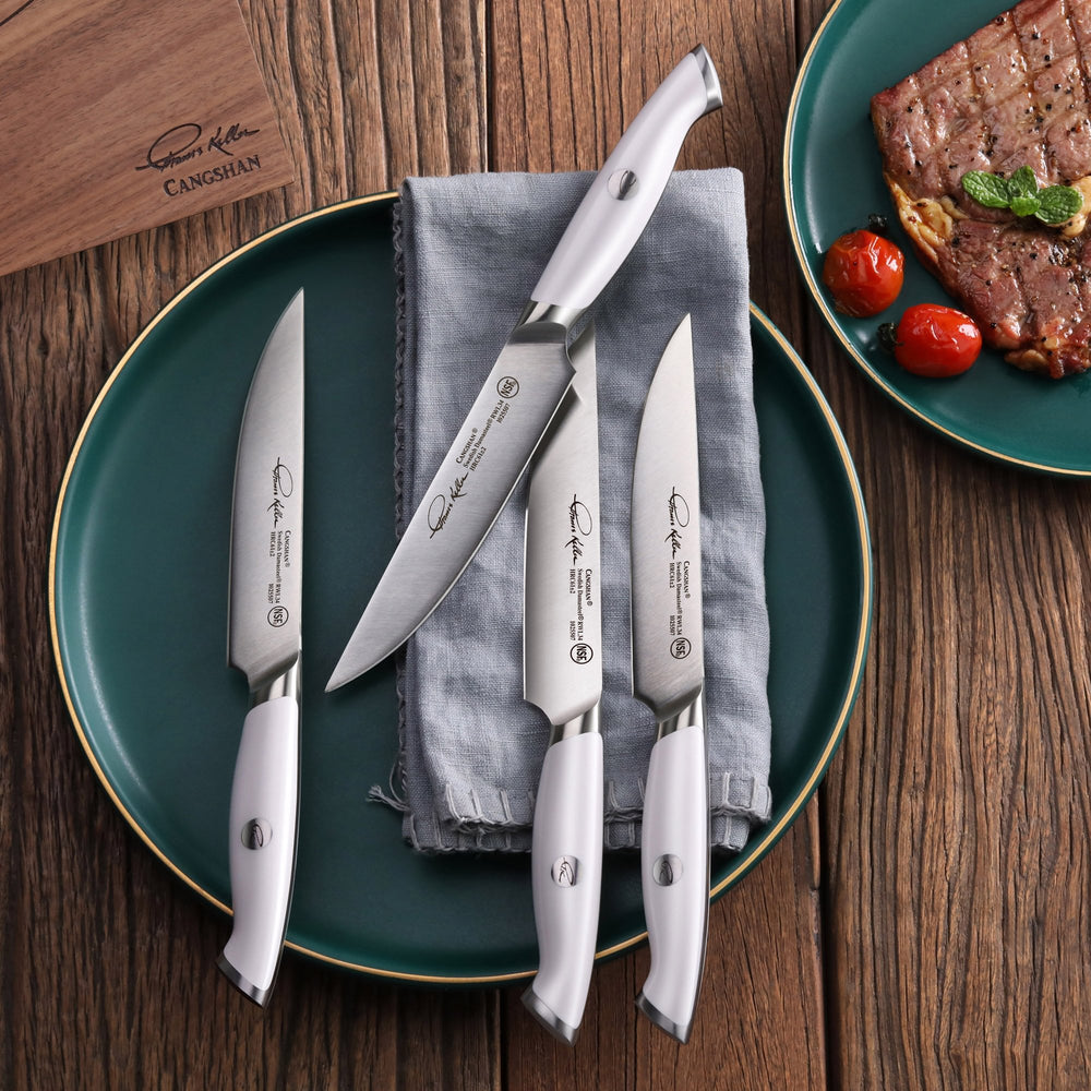 
                  
                    Load image into Gallery viewer, Cangshan Thomas Keller Signature Collection 4-Piece Steak Knife Set w/ Walnut Box, Forged Swedish Powder Steel
                  
                
