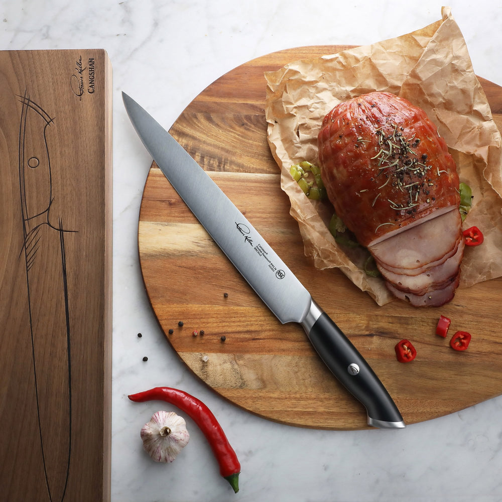 
                  
                    Load image into Gallery viewer, Cangshan Thomas Keller Signature Collection 10.5-inch Carving Knife, Forged Swedish Powder Steel
                  
                