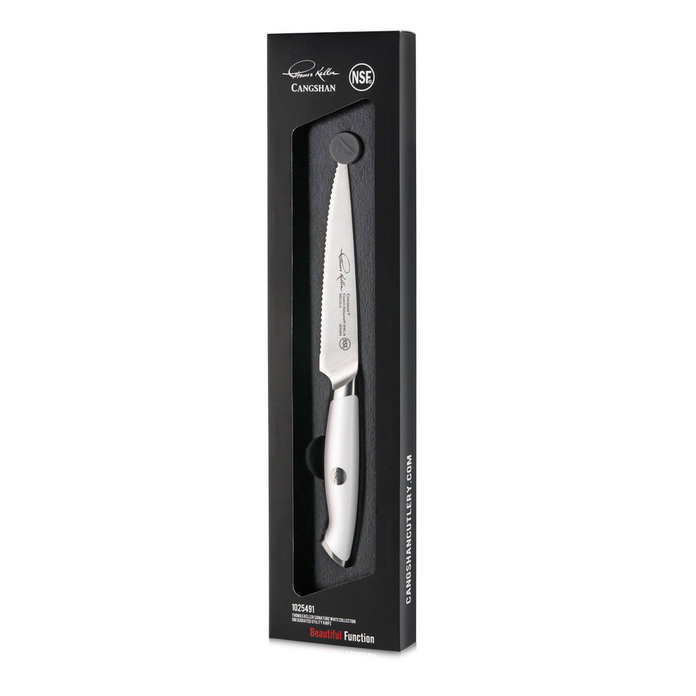 
                  
                    Load image into Gallery viewer, Cangshan Thomas Keller Signature Collection 5-inch Serrated Utility Knife, Forged Swedish Powder Steel
                  
                