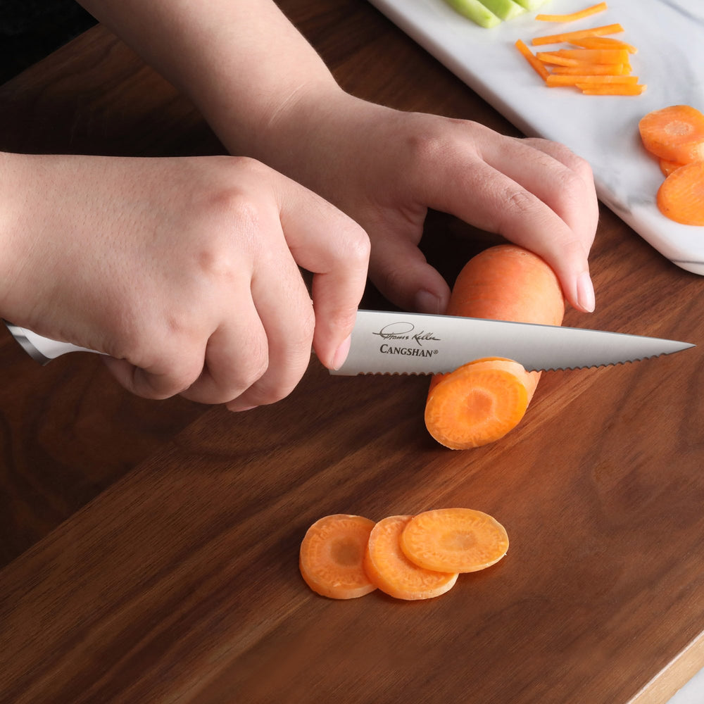 
                  
                    Load image into Gallery viewer, Cangshan Thomas Keller Signature Collection 5-inch Serrated Utility Knife, Forged Swedish Powder Steel
                  
                