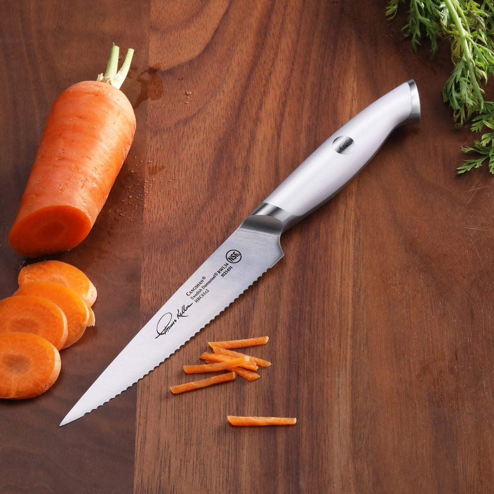 
                  
                    Load image into Gallery viewer, Cangshan Thomas Keller Signature Collection 5-inch Serrated Utility Knife, Forged Swedish Powder Steel
                  
                