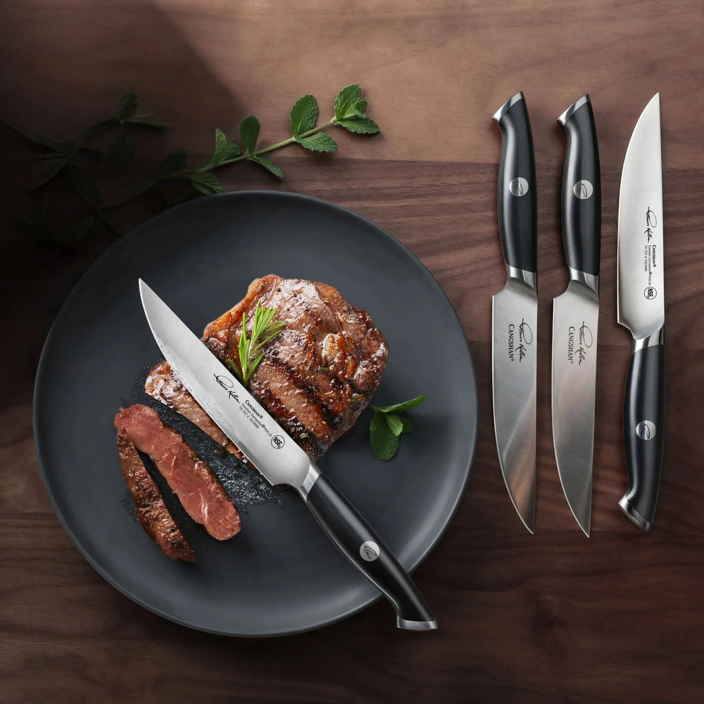 
                  
                    Load image into Gallery viewer, Cangshan Thomas Keller Signature Collection 4-Piece Steak Knife Set w/ Walnut Box, Forged Swedish Powder Steel
                  
                