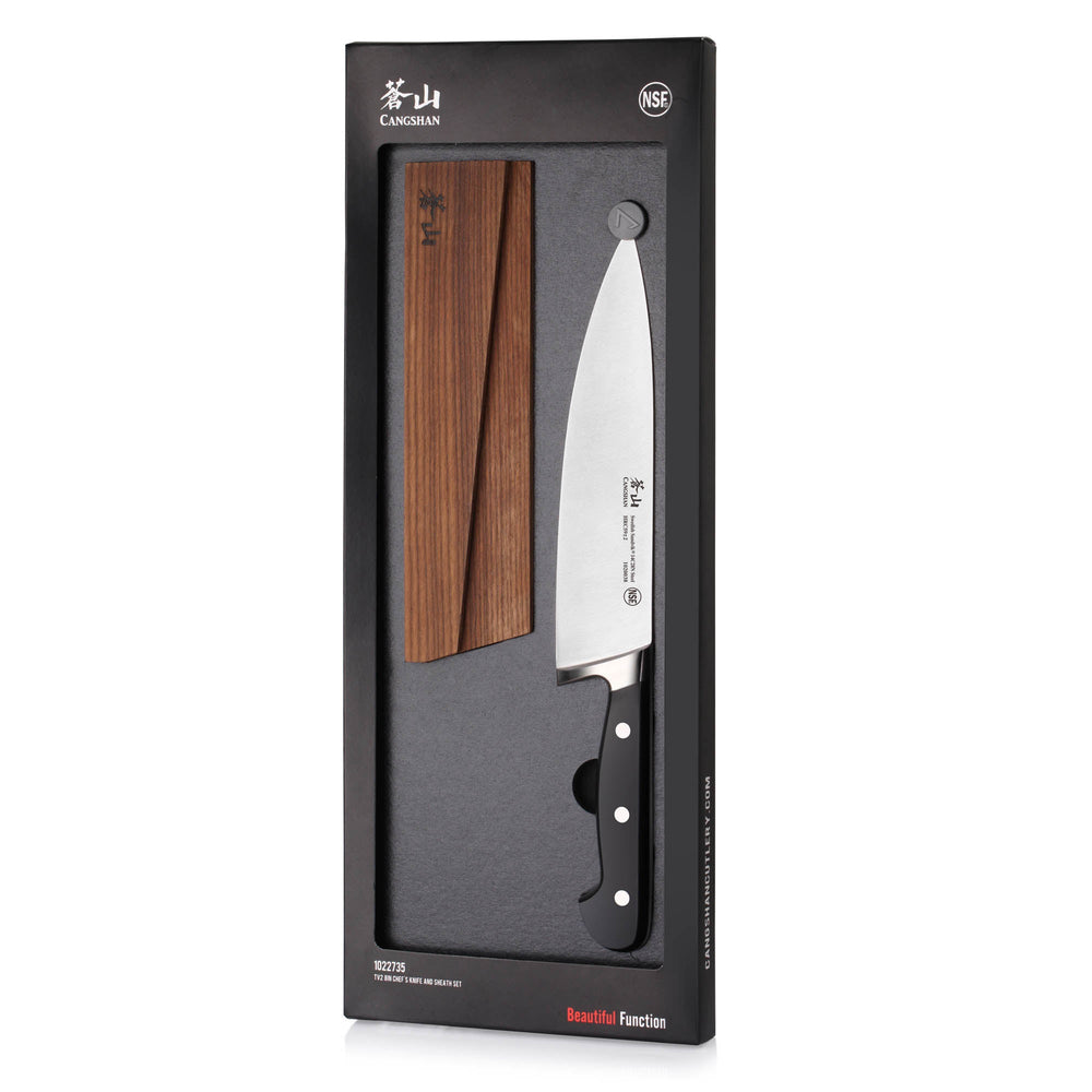 
                  
                    Load image into Gallery viewer, Cangshan TV2 Series 8-Inch Chef&amp;#39;s Knife and Wood Sheath Set, Forged Swedish Steel
                  
                